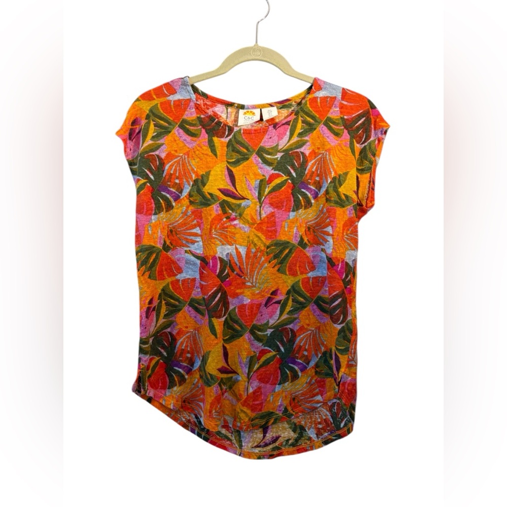 C&C California Linen Multicolor Leaf Print Women's Top Small